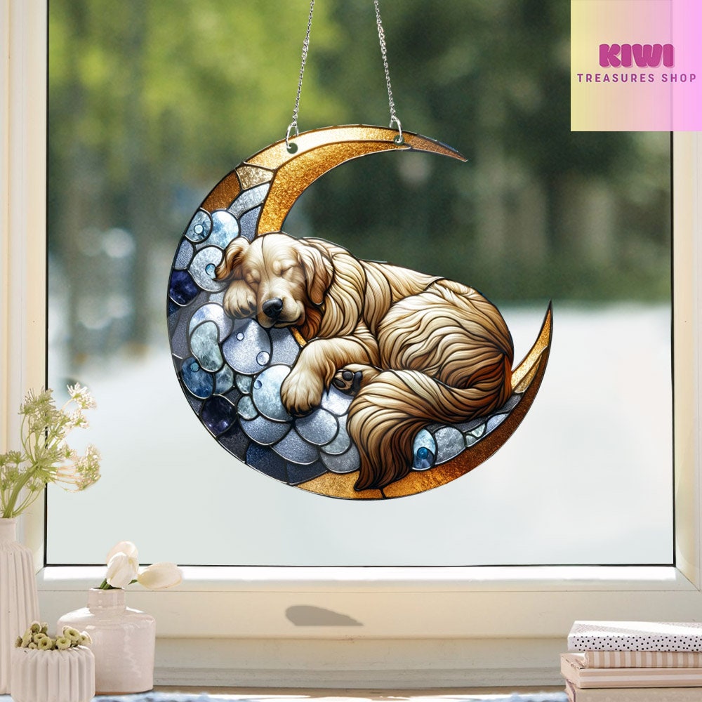 ACRYLIC Golden retriever in Cresent Moon Window Hanging, dog Lover Gift, Dog mom gift,Home Decor, Remembrance gift,Loss Of Pet Gift
