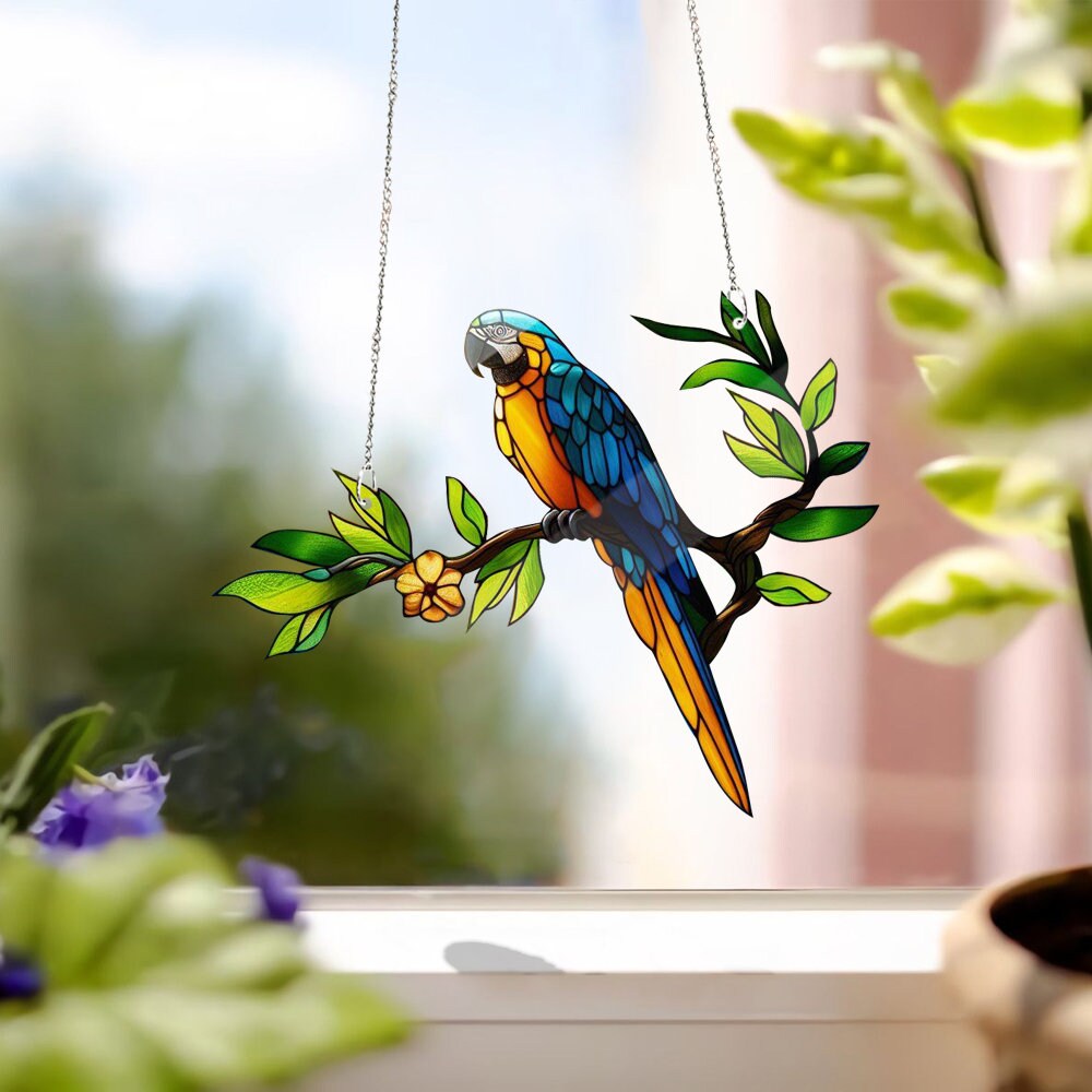 Blue Parrot FAUX Stained Glass, parrot Acrylic Window Hanging, Wall Art, Bird lovers gift, Bird Nerds, Mothers day gift, NOT Suncatcher
