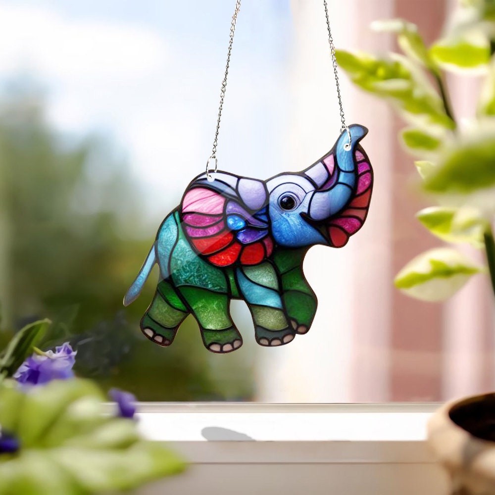 Elephant Faux Stained Glass, Acrylic Window Hangings, Gift For Her, Nature Animal, Not Suncatcher, Home Decor, Elephant lover gift