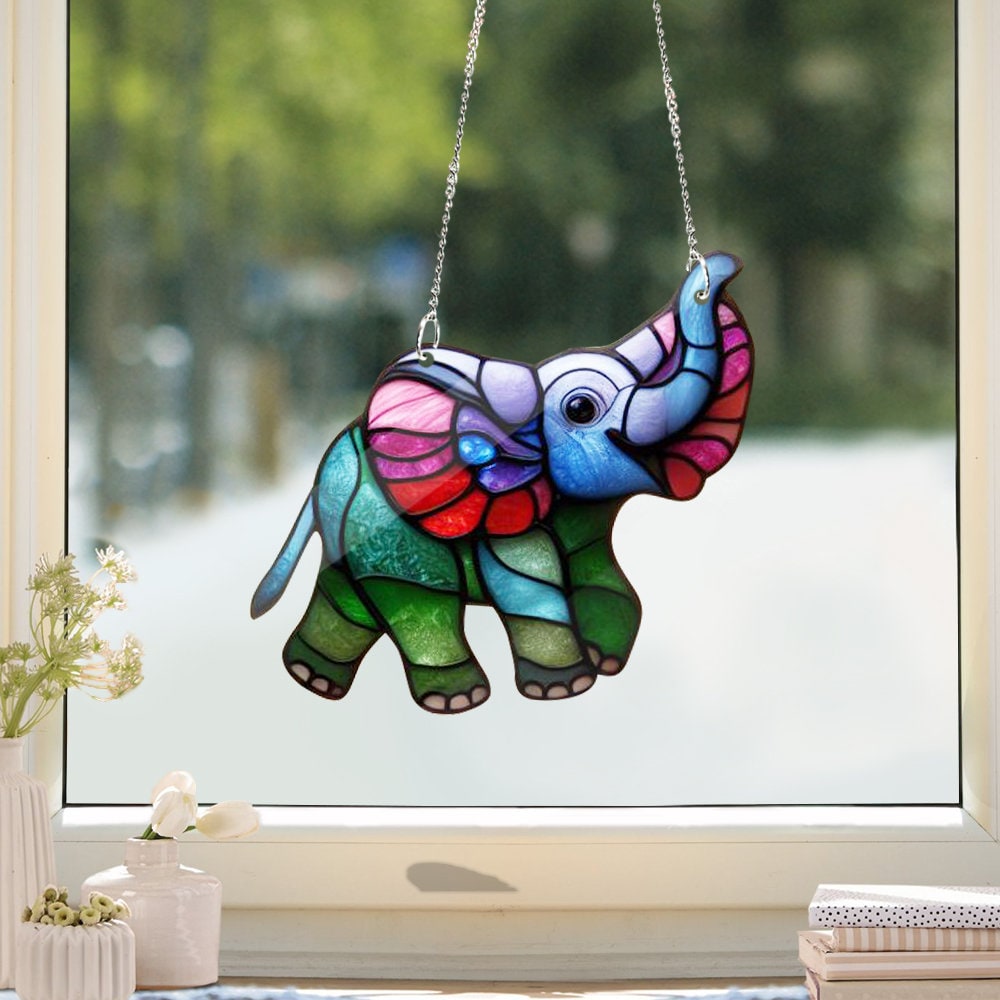 Elephant Faux Stained Glass, Acrylic Window Hangings, Gift For Her, Nature Animal, Not Suncatcher, Home Decor, Elephant lover gift