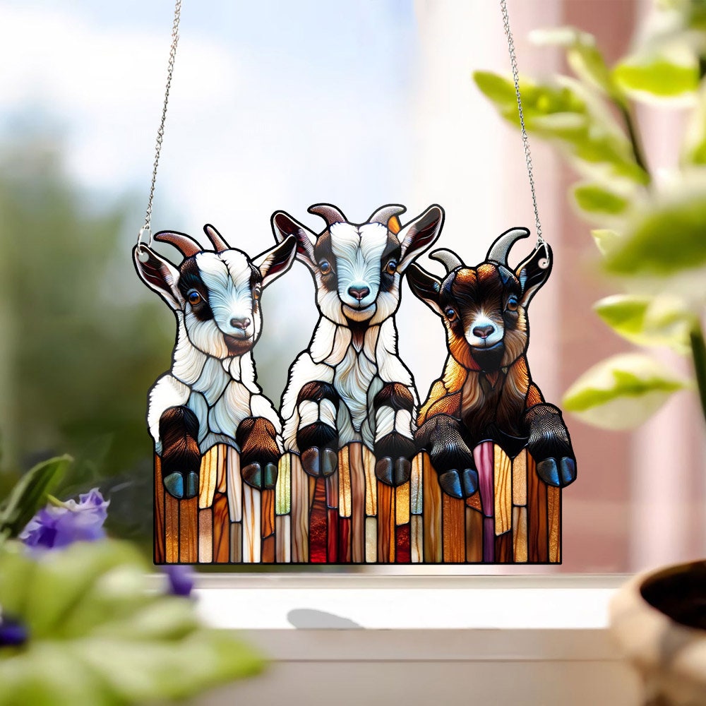 Mother's day special gift box - Cute 3 curious goats ACRYLIC window hanging, Farmhouse Hanging, Gift for farmer, Housewarming gift