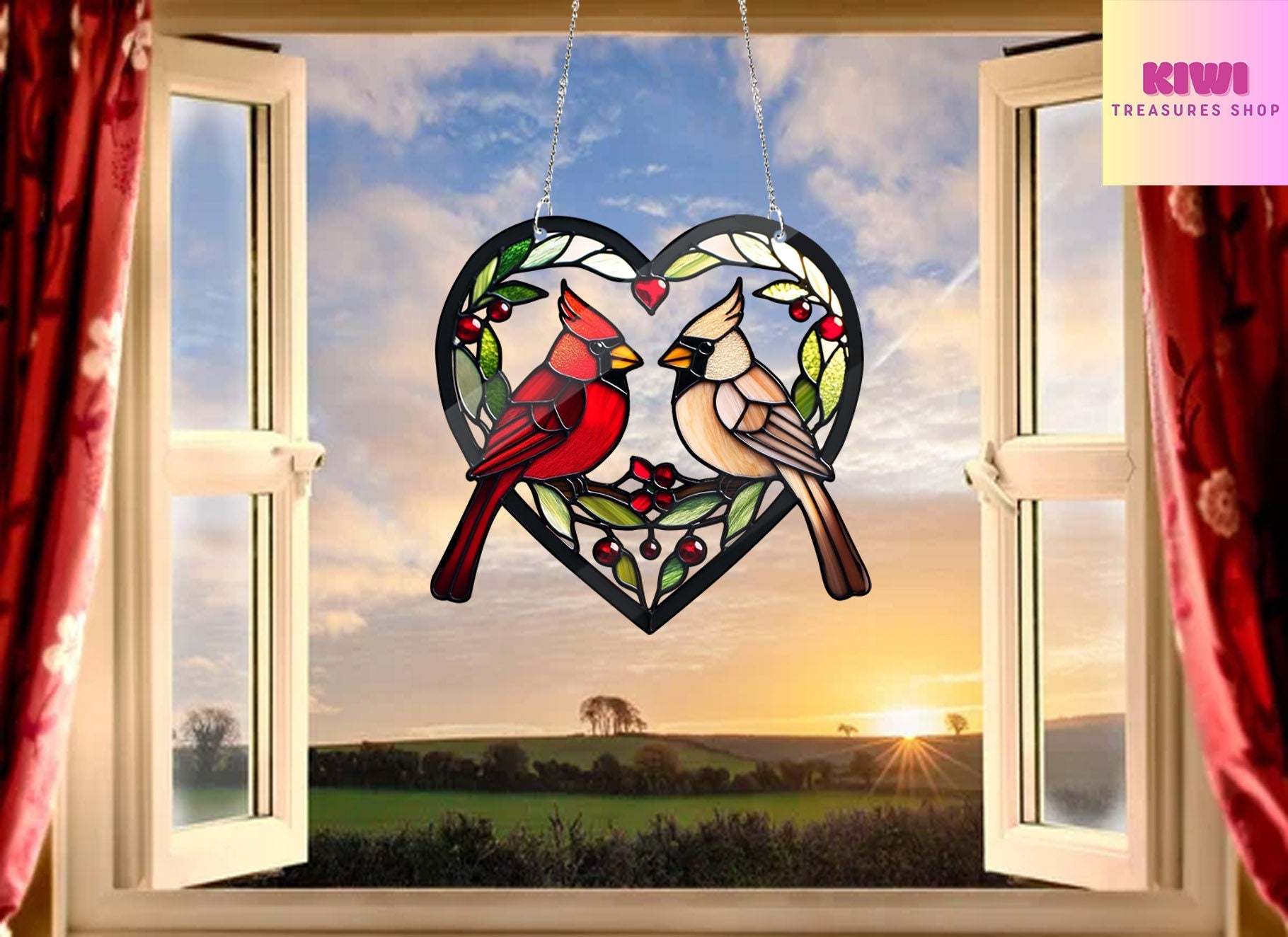Cardinal Couple Acrylic Window Hangings, Cardinal acrylic ornament, Faux Stained Glass, Home Decor, anniversary gift, NOT glass
