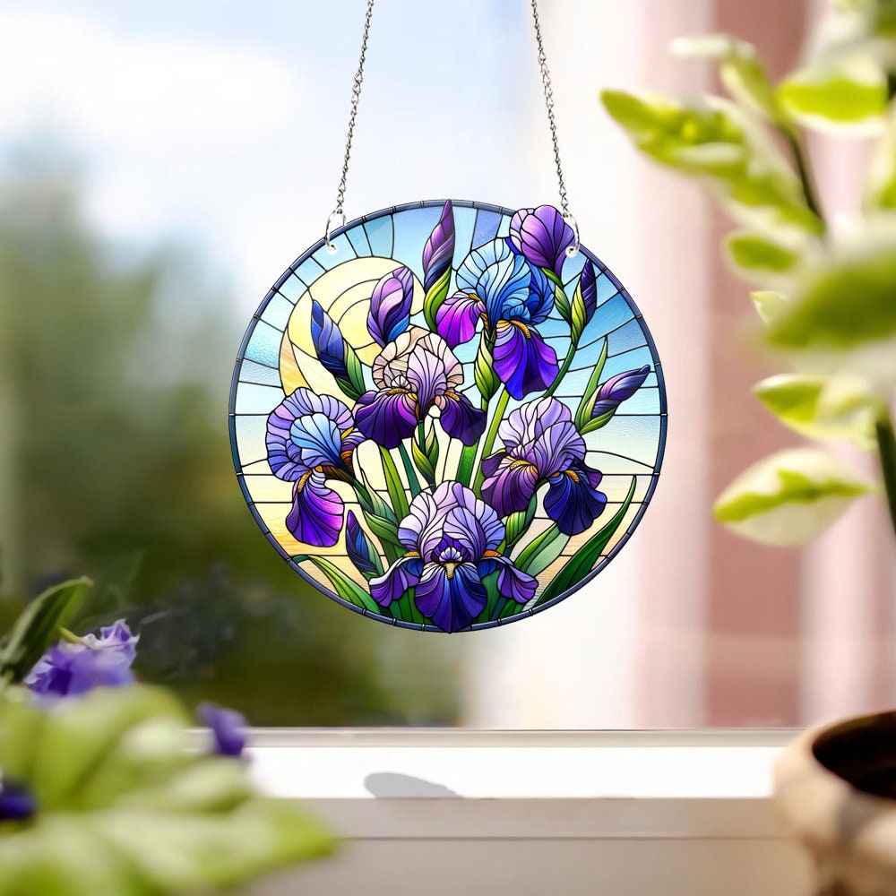 Iris Flower FAUX Stained Glass  Window hanging, Iris Flower Acrylic Window Hangings, Gift For Her, Home Decor, Purple Iris decor