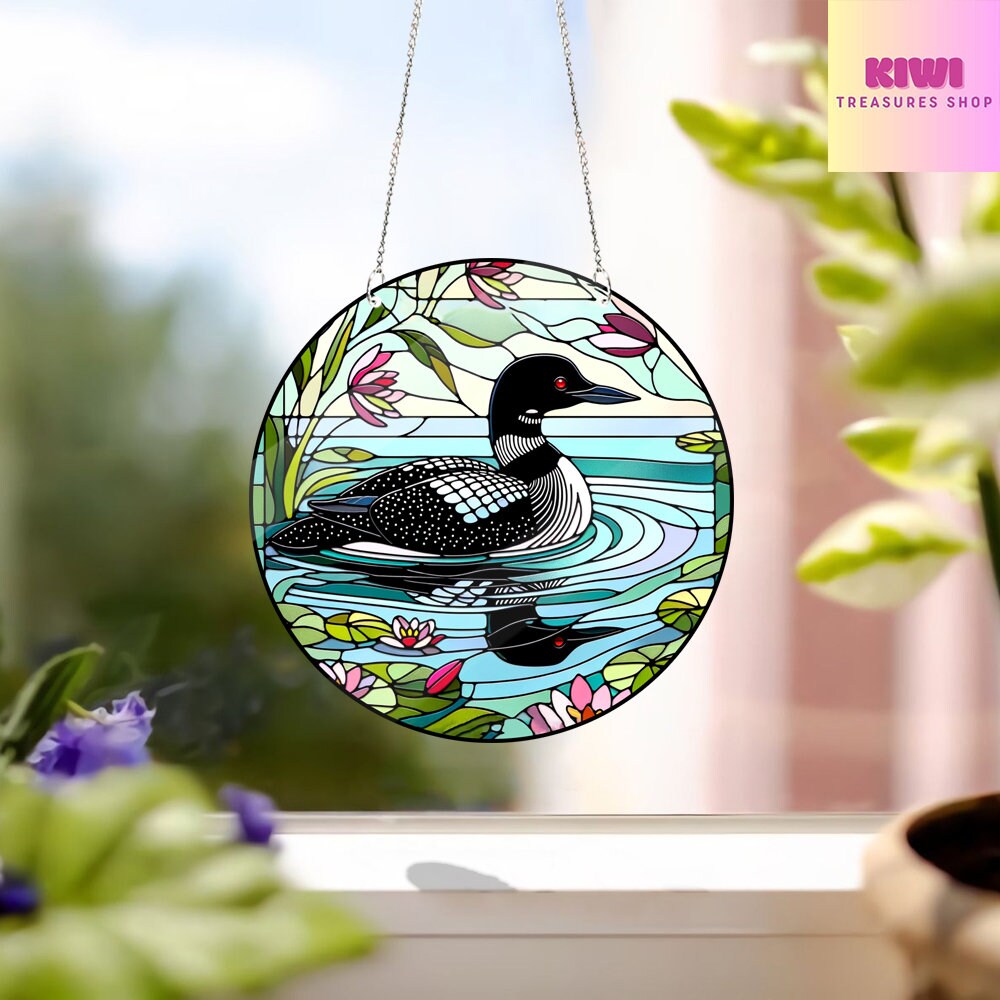 Loon Bird ACRYLIC Window Hanging, Faux Stained Glass, Wall Art, acrylic Window Hanging, Bird and flowers, Mother's day gift, Not suncatcher