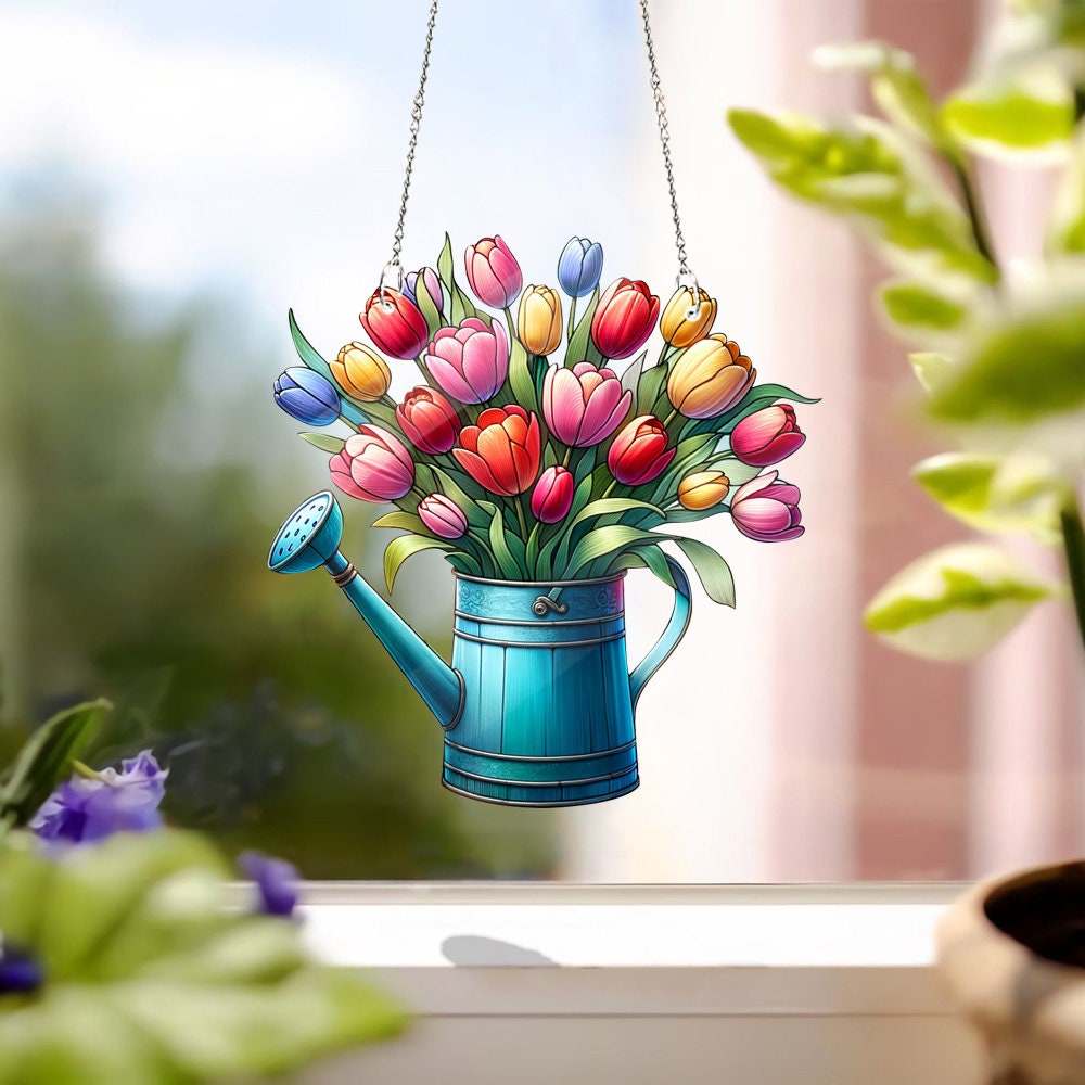 Blooming Tulips pot Acrylic Window Hanging, Wall Art, Bouquet Flower Tulips, Flowers Pot, Mother's day gift