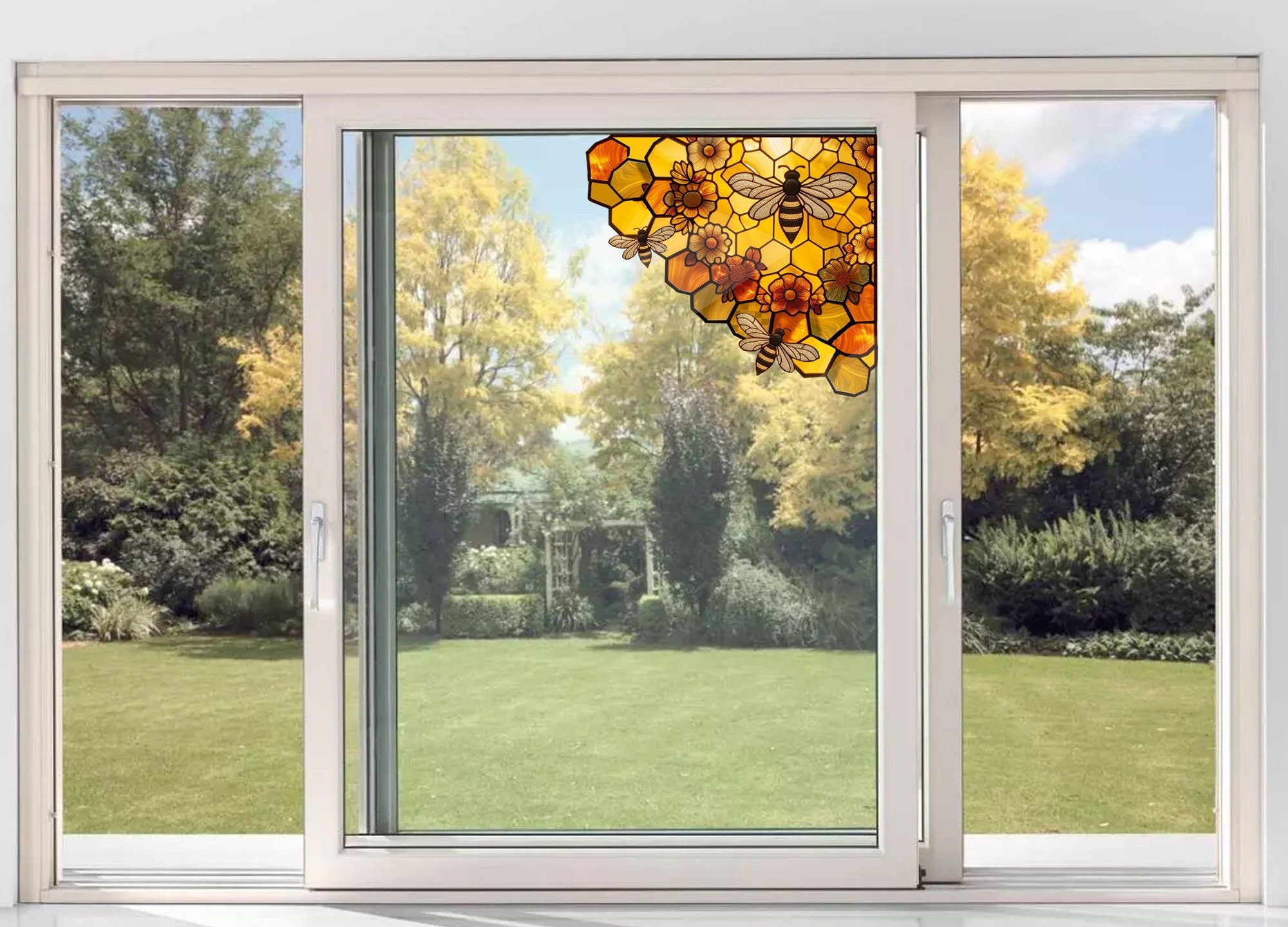 Yellow corner Honeycomb bee Transparent Vinyl Decal, Window Art, Mother's day gift, gift for mom, Nature Boho Art, House decor, Window decor