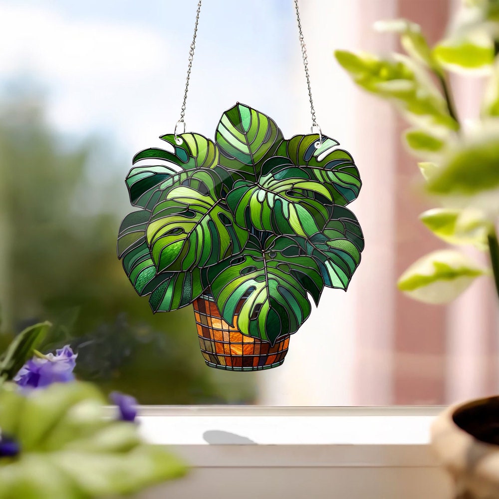 Monstera leaves Acrylic Window Hanging, Monstera plant fauxed stained glass, Mother's day gift, Artistic Home Decor, NOT SUNCATCHER