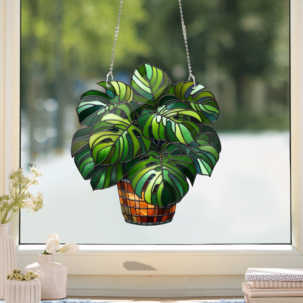 Monstera leaves Acrylic Window Hanging, Monstera plant fauxed stained glass, Mother's day gift, Artistic Home Decor, NOT SUNCATCHER