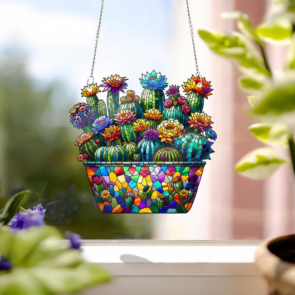 Cactus ACRYLIC Window Hanging, Faux Stained Art, Decorative Succulent Plant decor, Unique Housewarming Gift, Mother's day gift