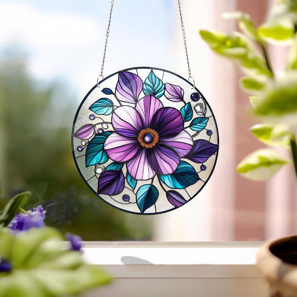 Violet Flower Faux Stained Glass, Violet Stained Glass Inspired Art, Acrylic Window Hangings, Gift For Her, Home Decor