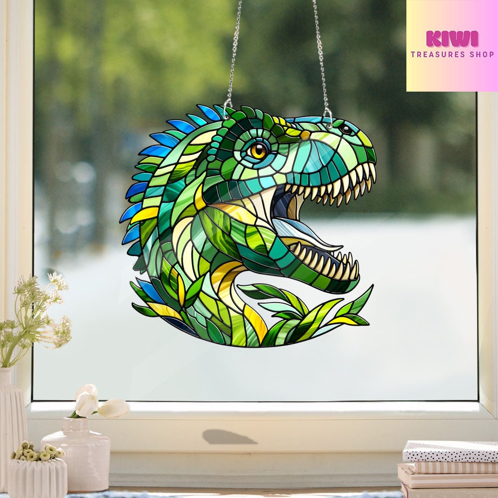 Tyrannosaurus Dinosaur Acrylic Window Hanging, T-rex lovers gift, gift for kids, Faux Stained glass, Home decor, Nature Ornament Monstera