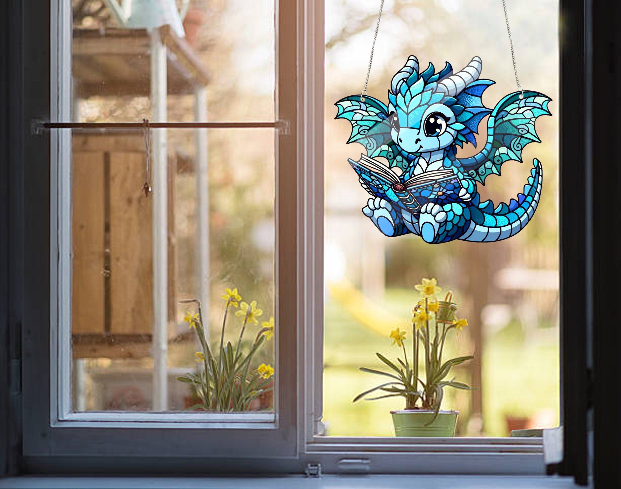 Book dragon Acrylic Window Hangings, Woodland dragon Inspired Art, Faux Stained Glass, Reader gift, Librarian decor, Not Suncatcher