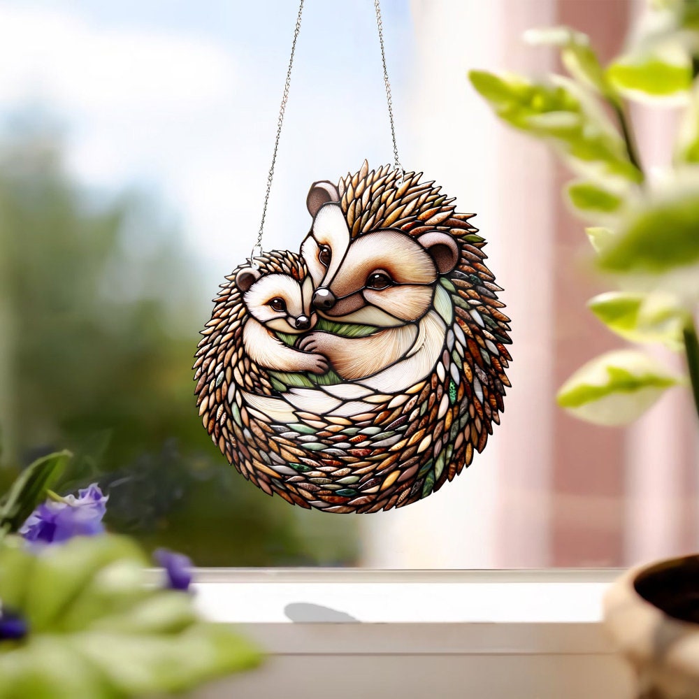 ACRYLIC Hedgehog Mom Window Hanging, FAUX Stain Glass, Hedgehog mom and kid, Cute Hedgehog Gift, Animal Decor, 1st Mother's day gift
