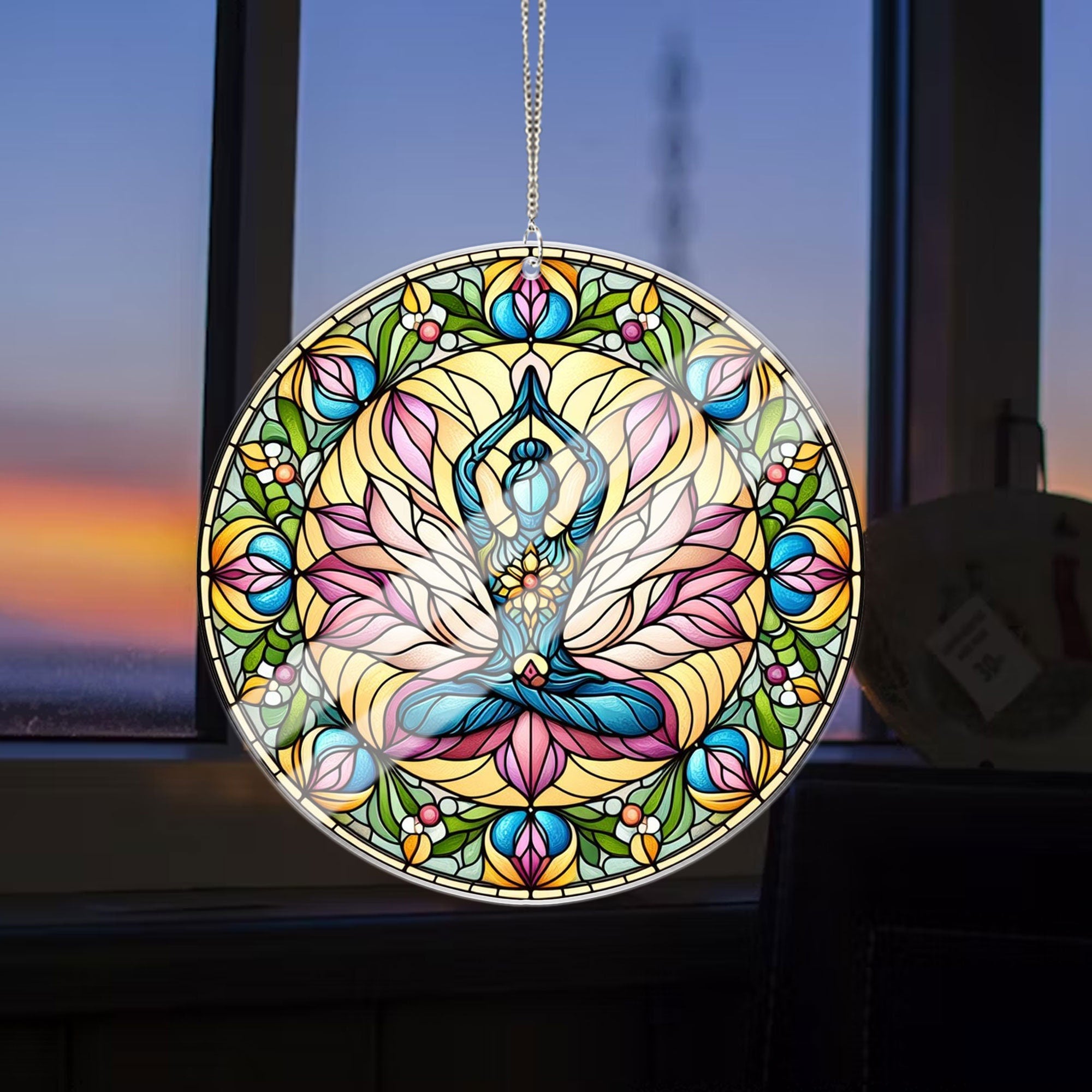 Yoga Acrylic Window Hangings, Yoga Stained Glass Inspired Art, Namaste Faux Stained Glass, Yoga Class Stained Glass Decor, Yoga Lovers Gift