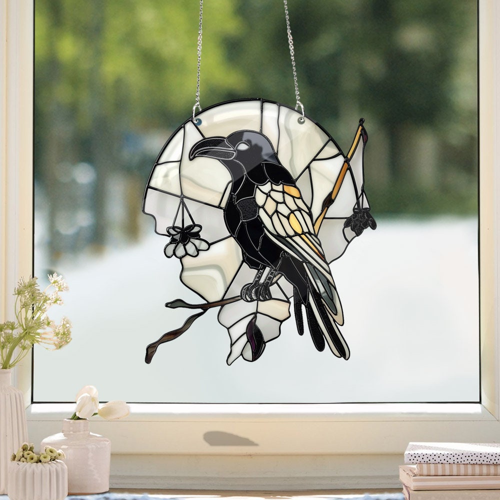 Mystical Raven Acrylic Window Hangings, Ravens Faux Stained Glass, Spooky decor, Gothic crow, wildlife gothic bird, NOT SUNCATCHER