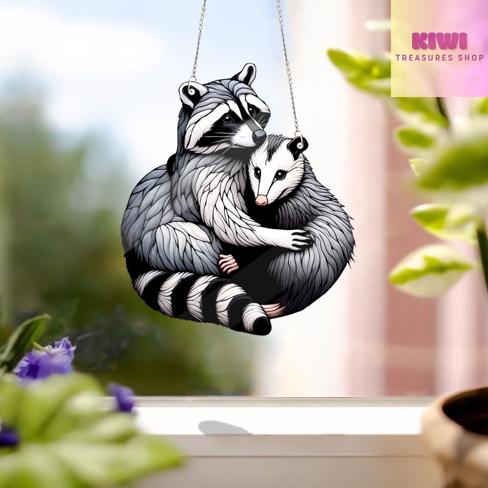 ACRYLIC Raccoon Hugging Opossum Window Hanging, Eat Trash, Stay Trasy, Possum lovers gift, Animal Decor, Mother's day gift