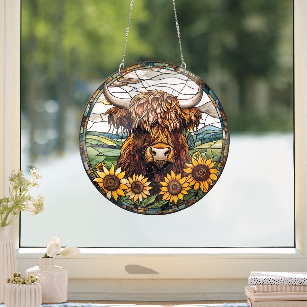 ACRYLIC Sunflowers Highland cow Window Hanging, FAUX Stain Glass, Cow lover gift, Farmhouse decor, Mother's day gift, Mother's day gift 2025