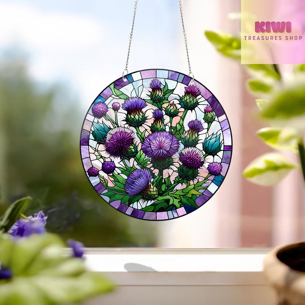 Purple Thistles ACRYLIC Window Hanging, Flowers lovers gift, Mother's day gift, Kitchen decor, Grandma gift, MOTHER'S DAY gift set 2025