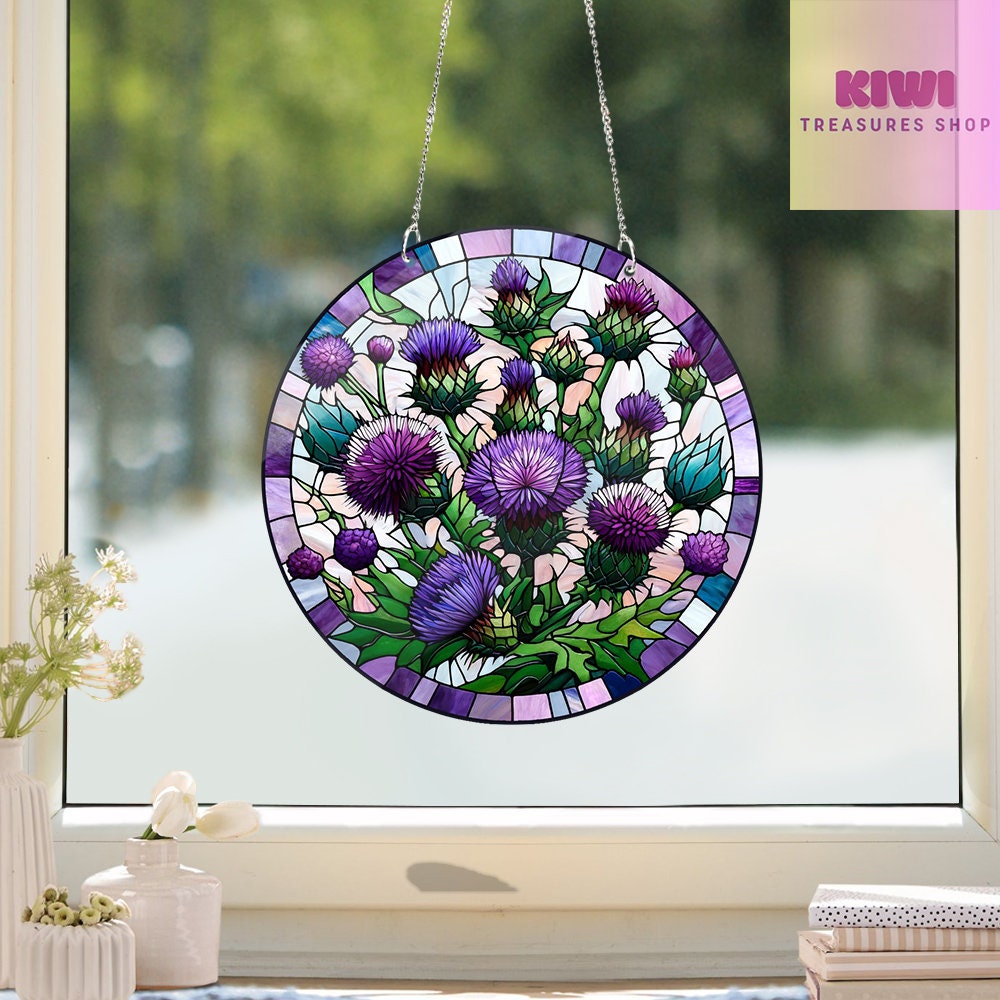 Purple Thistles ACRYLIC Window Hanging, Flowers lovers gift, Mother's day gift, Kitchen decor, Grandma gift, MOTHER'S DAY gift set 2025