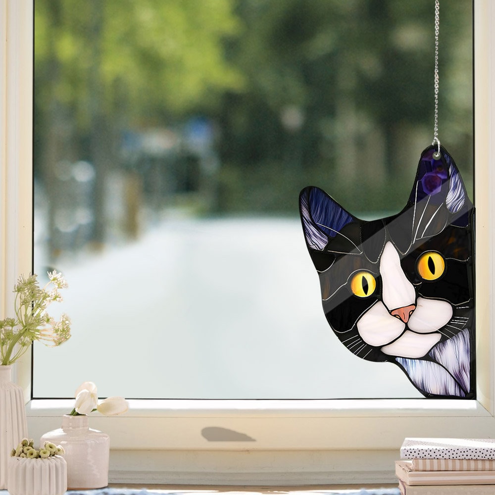 Cute tuxedo cat peeking Acrylic Window Hanging, Cat Mom gift, NOT Suncatcher, Mother's day gift, sneaking cat, Tuxedo cat lover gift