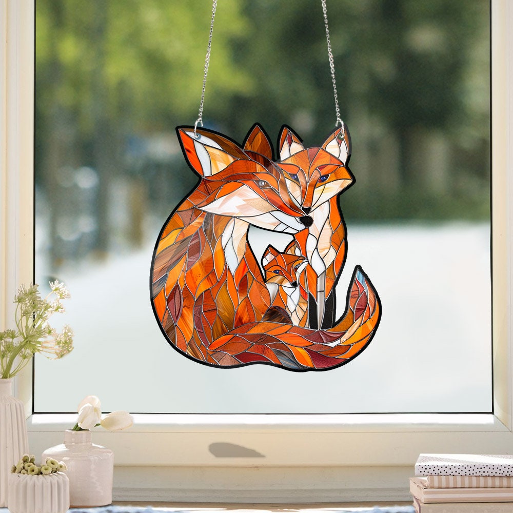 Fox family Window ACRYLIC Hanging, FAUX Stain Glass, Fox lovers, Cute Fox Gift, Animal Decor, Mother's day gift, Mother's day fox