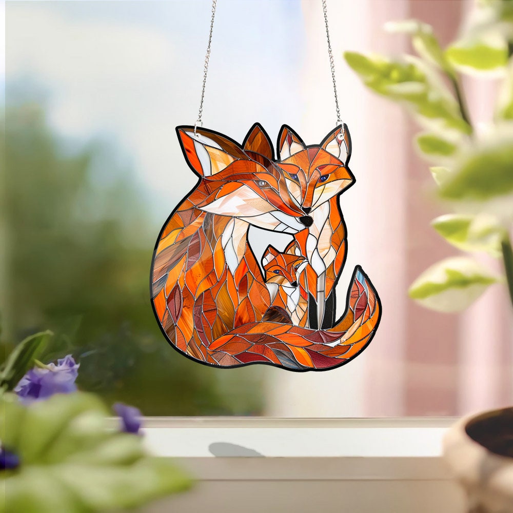 Fox family Window ACRYLIC Hanging, FAUX Stain Glass, Fox lovers, Cute Fox Gift, Animal Decor, Mother's day gift, Mother's day fox