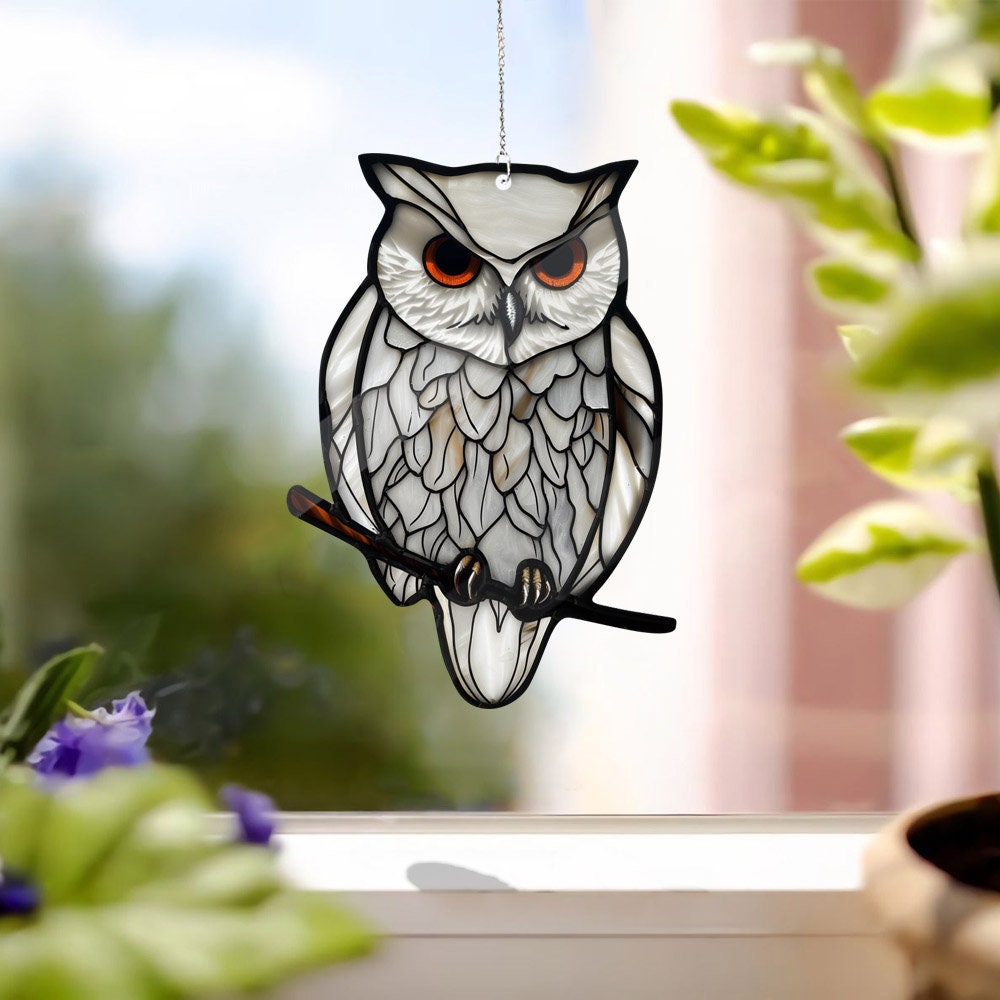 White Owl hanging, Owl Acrylic Window Hangings, Faux Stained Glass, Horror ornament, Home Decor, Gothic Owl, Halloween decor, not suncatcher