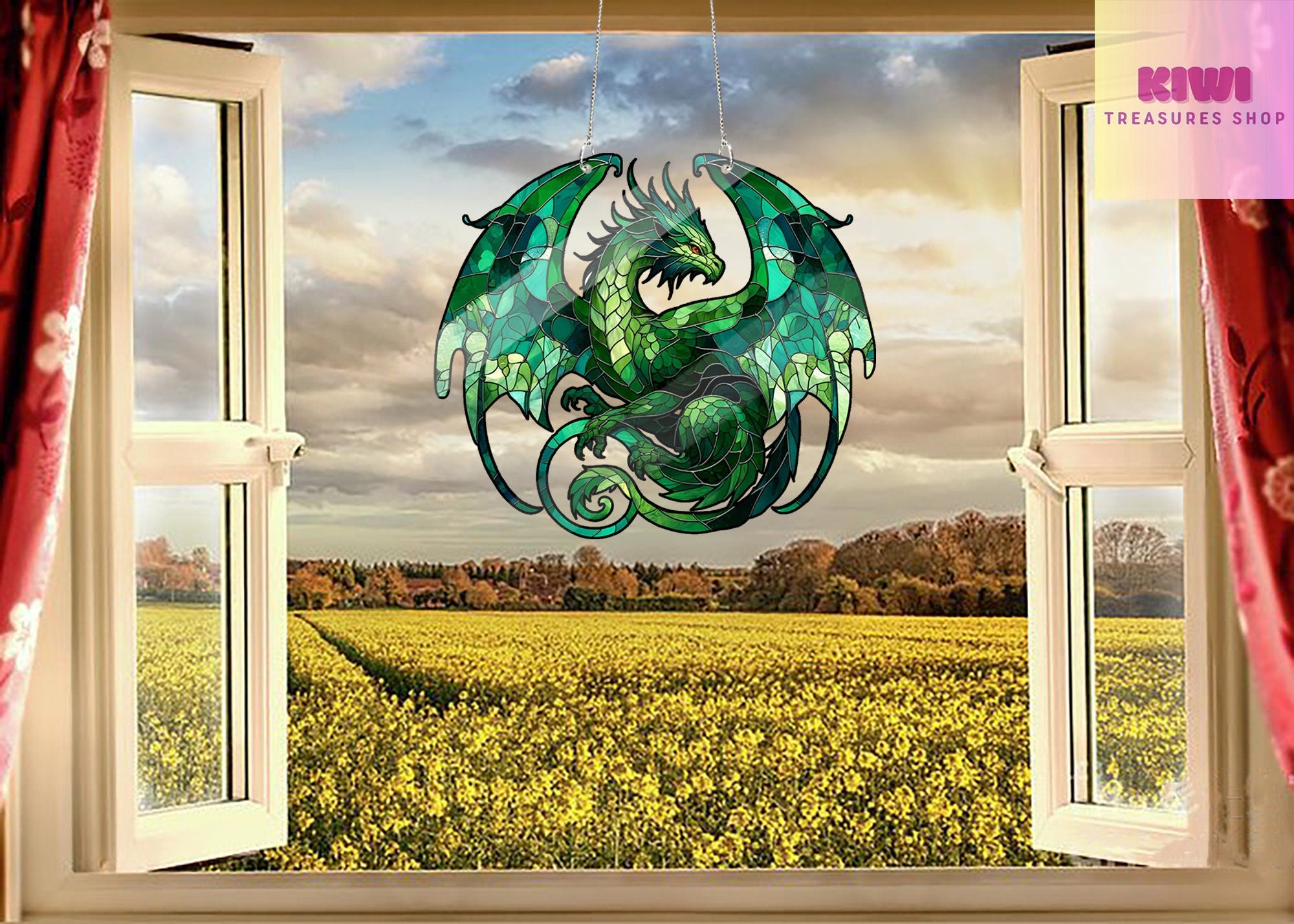 Green Dragon Acrylic Window Hangings, Dragon lovers gift, Faux Stained Glass, Home Decor, gift for kids, Dragon decor, Not suncatcher