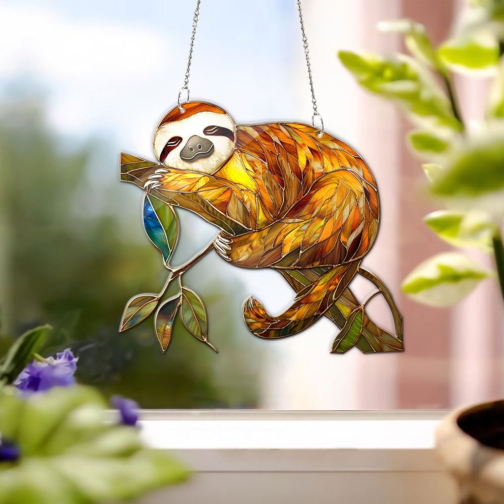 Sloth Acrylic Suncatcher, Hanging Window Decor with Leaves, Lazy Animal Gift, Relaxing Boho Home Accent
