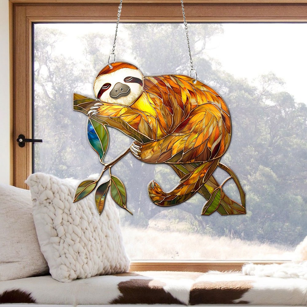 Sloth Acrylic Suncatcher, Hanging Window Decor with Leaves, Lazy Animal Gift, Relaxing Boho Home Accent