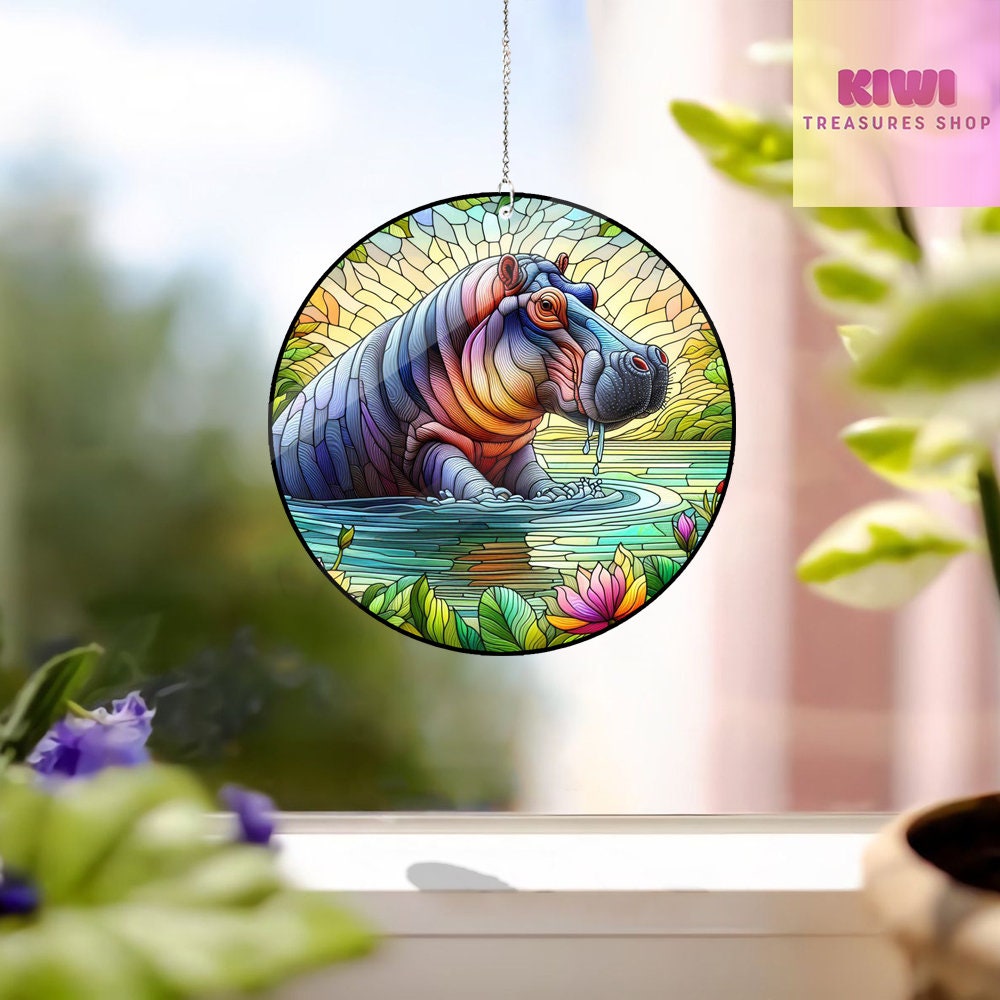 Hippopotamidae ACRYLIC Window hanging, Animal Window Hanging, Indoor Decor, Funny Hippo, Animal lover,  FAUX Stained glass