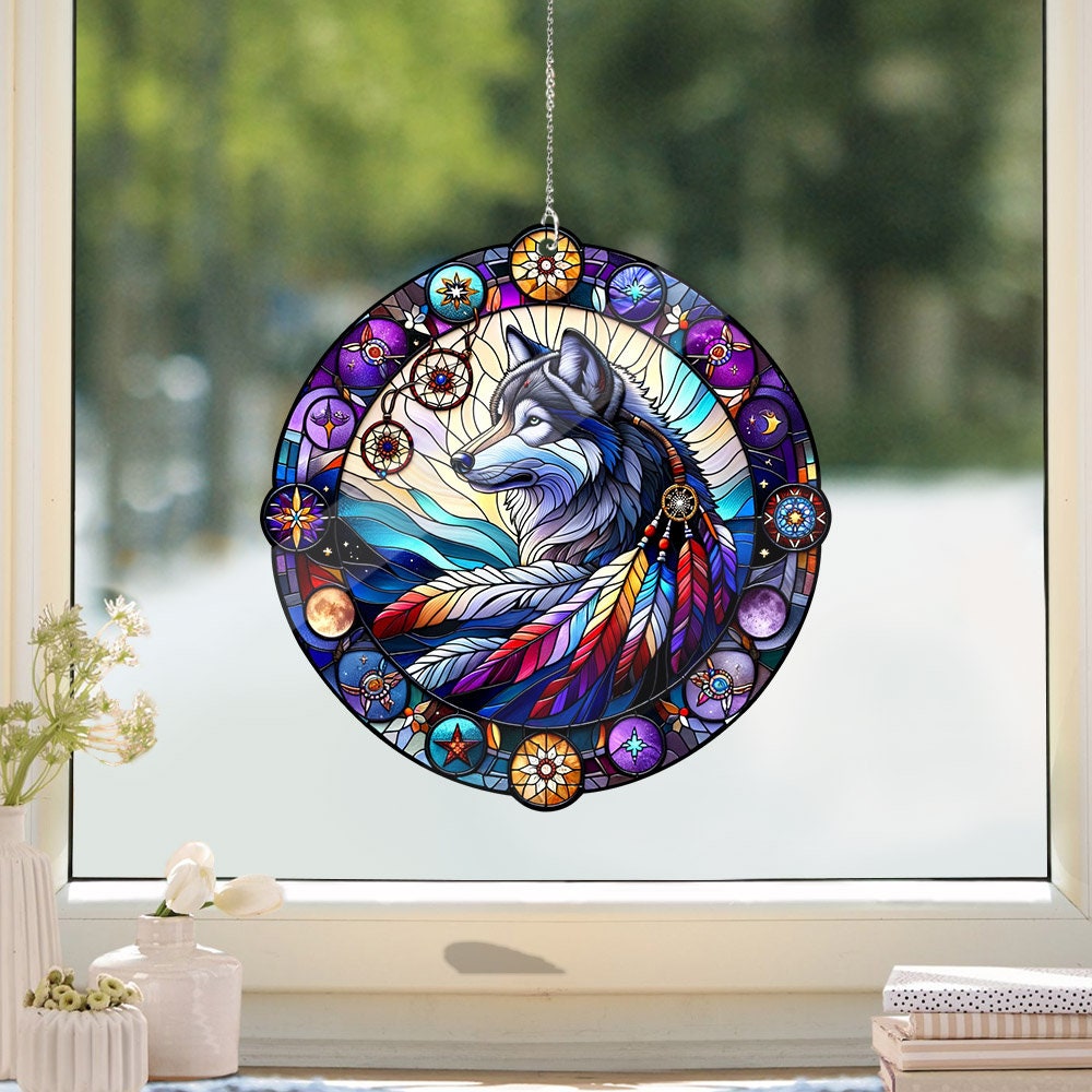 Wolf Native American Acrylic Ornament, Faux Stained Glass, Wolf Stained Glass Acrylic Window Hangings, Stained Glass Inspired Art,