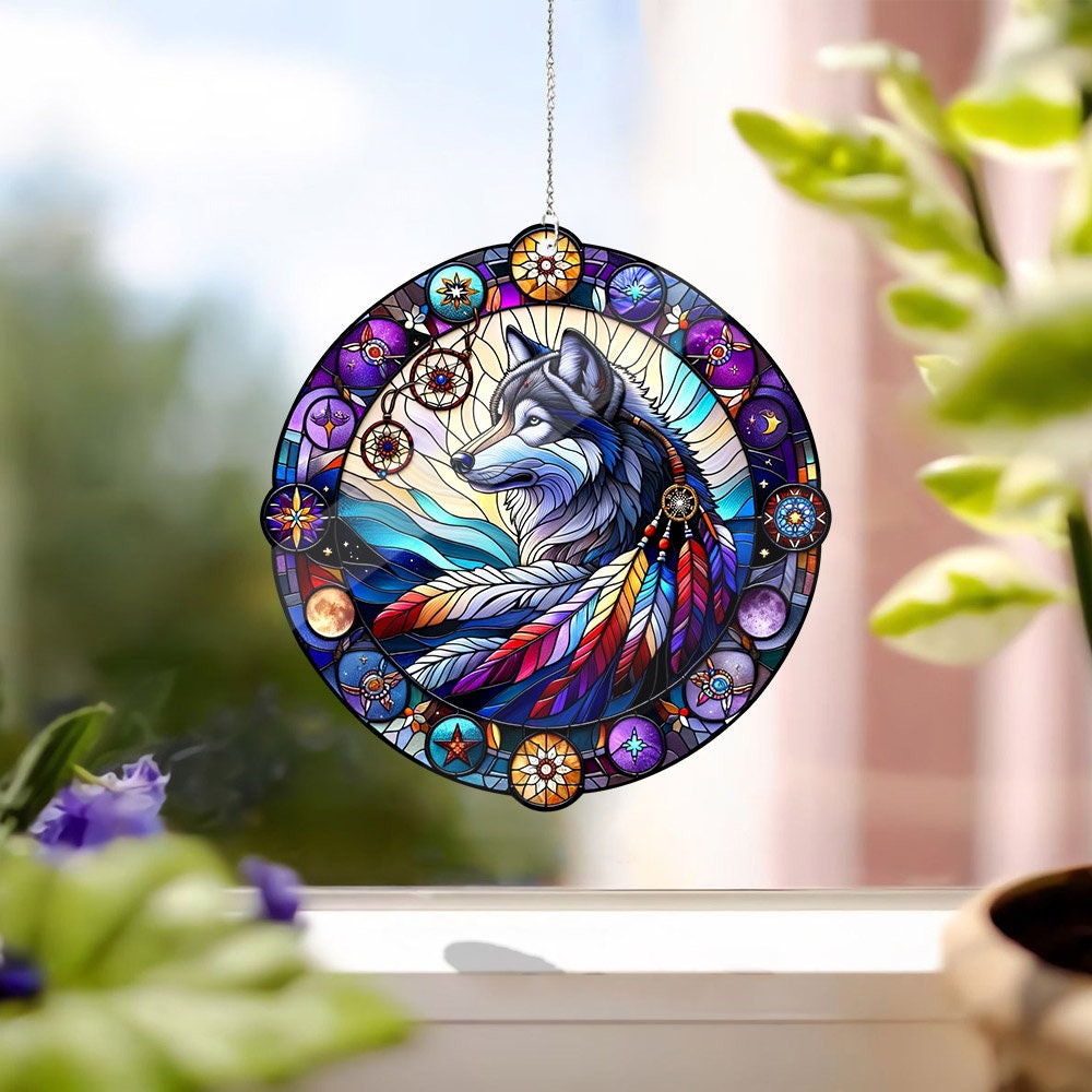 Wolf Native American Acrylic Ornament, Faux Stained Glass, Wolf Stained Glass Acrylic Window Hangings, Stained Glass Inspired Art,