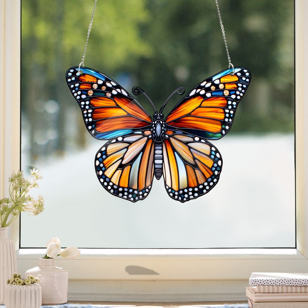 Monarch Butterfly Acrylic Window Hanging, Faux Stained Glass Art, NOT Suncatcher, Perfect for Home, Garden, Gift For Her, butterfly lovers
