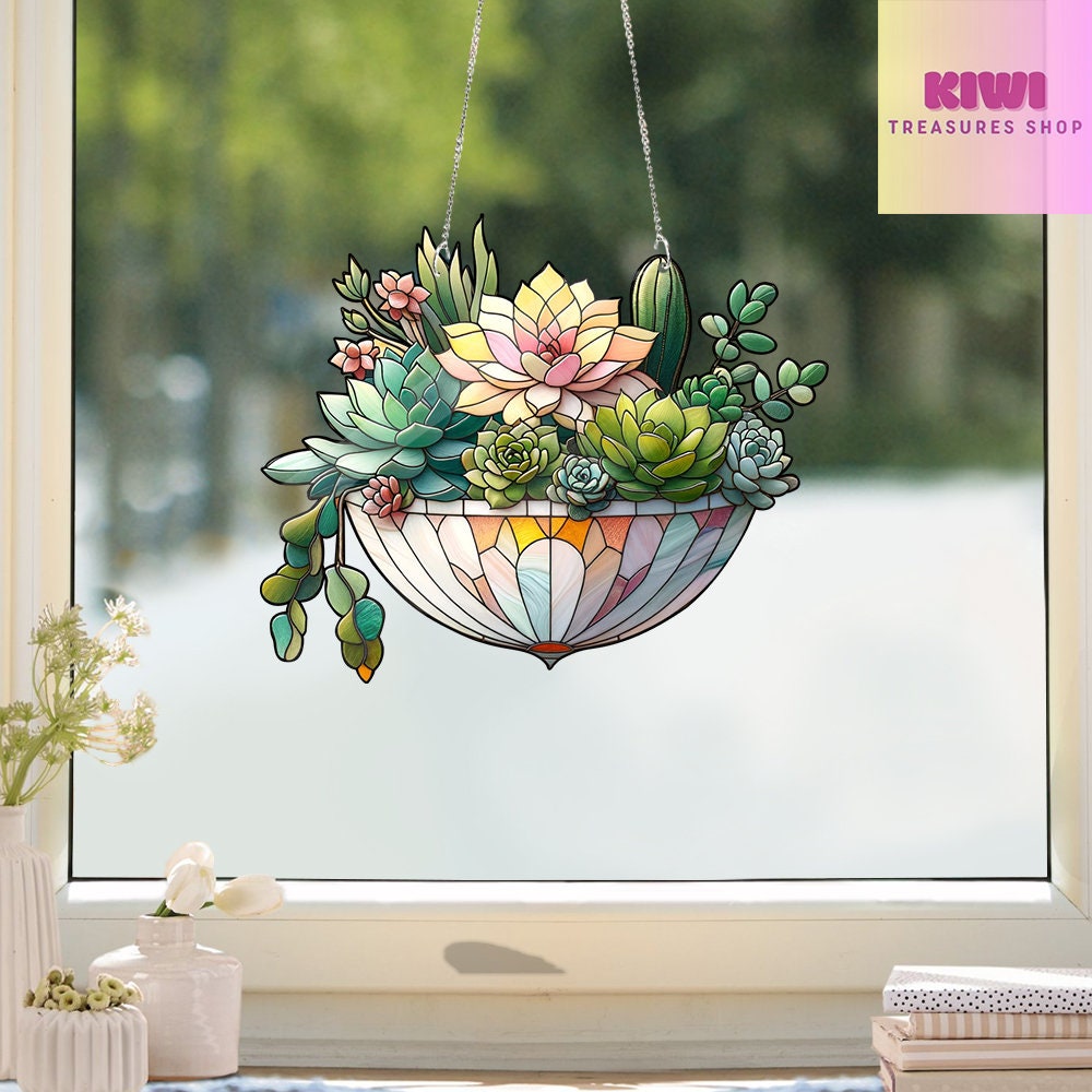 Cactus Flowerpot Acrylic  Window Hanging, Acrylic Flower Art, Tropical Home Decoration, Special Mother's Day Gift, NOT SUNCATCHER