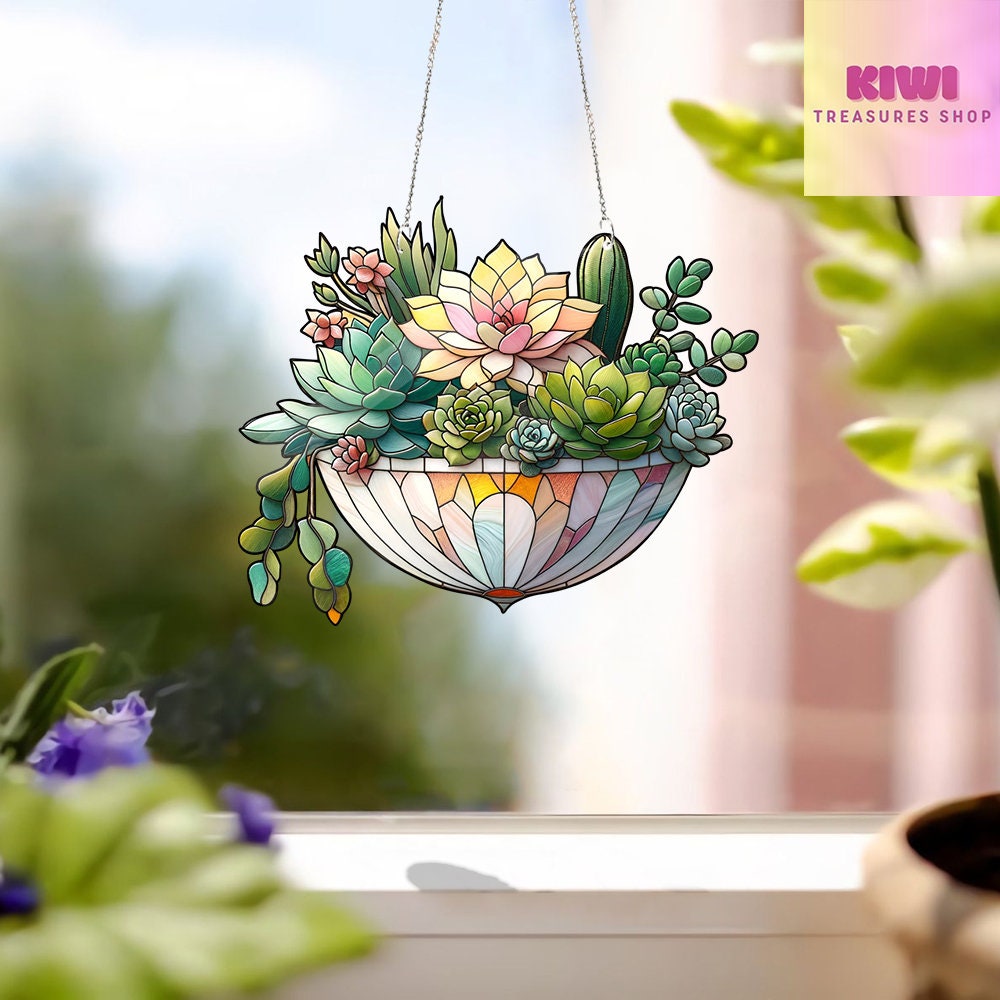 Cactus Flowerpot Acrylic  Window Hanging, Acrylic Flower Art, Tropical Home Decoration, Special Mother's Day Gift, NOT SUNCATCHER