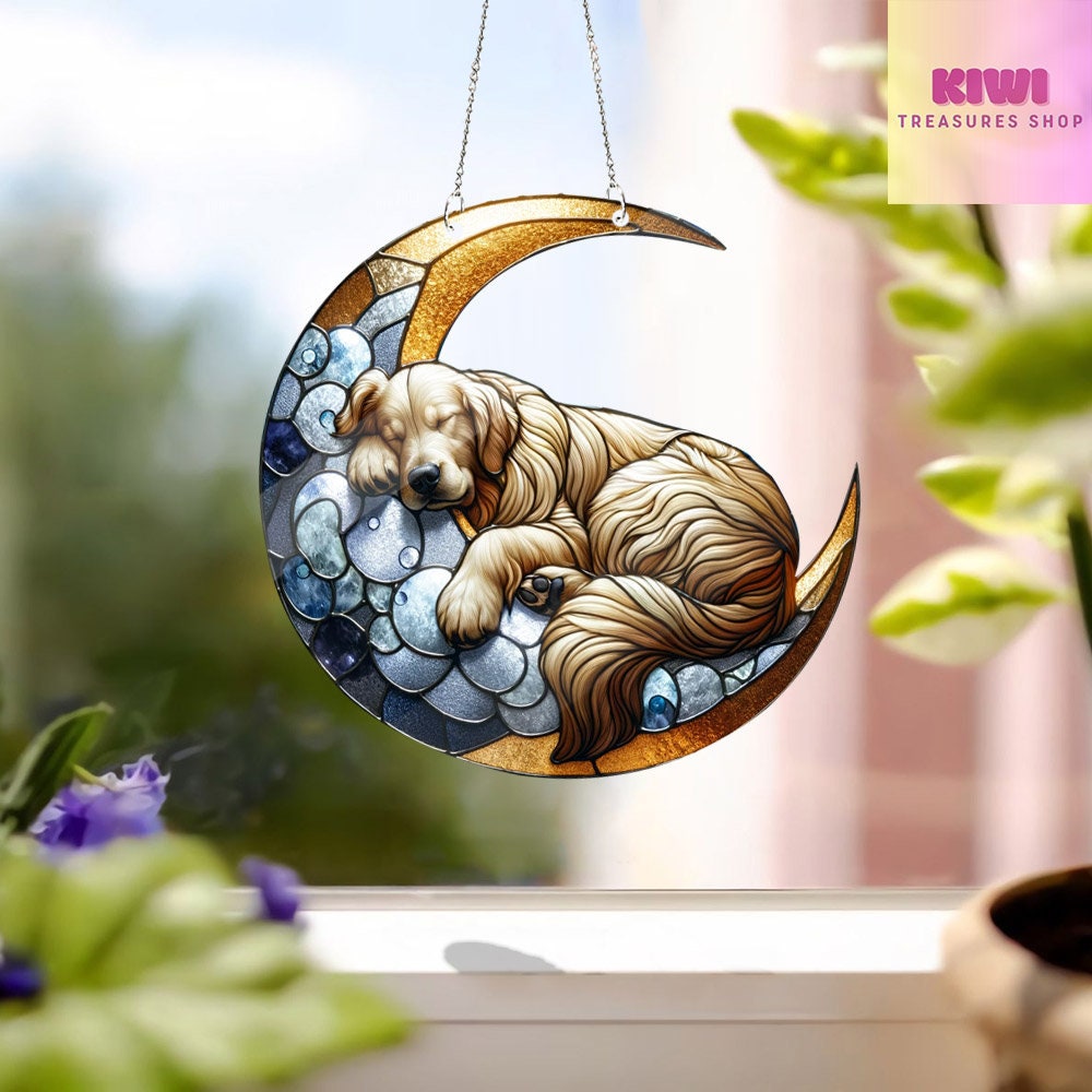 ACRYLIC Golden retriever in Cresent Moon Window Hanging, dog Lover Gift, Dog mom gift,Home Decor, Remembrance gift,Loss Of Pet Gift