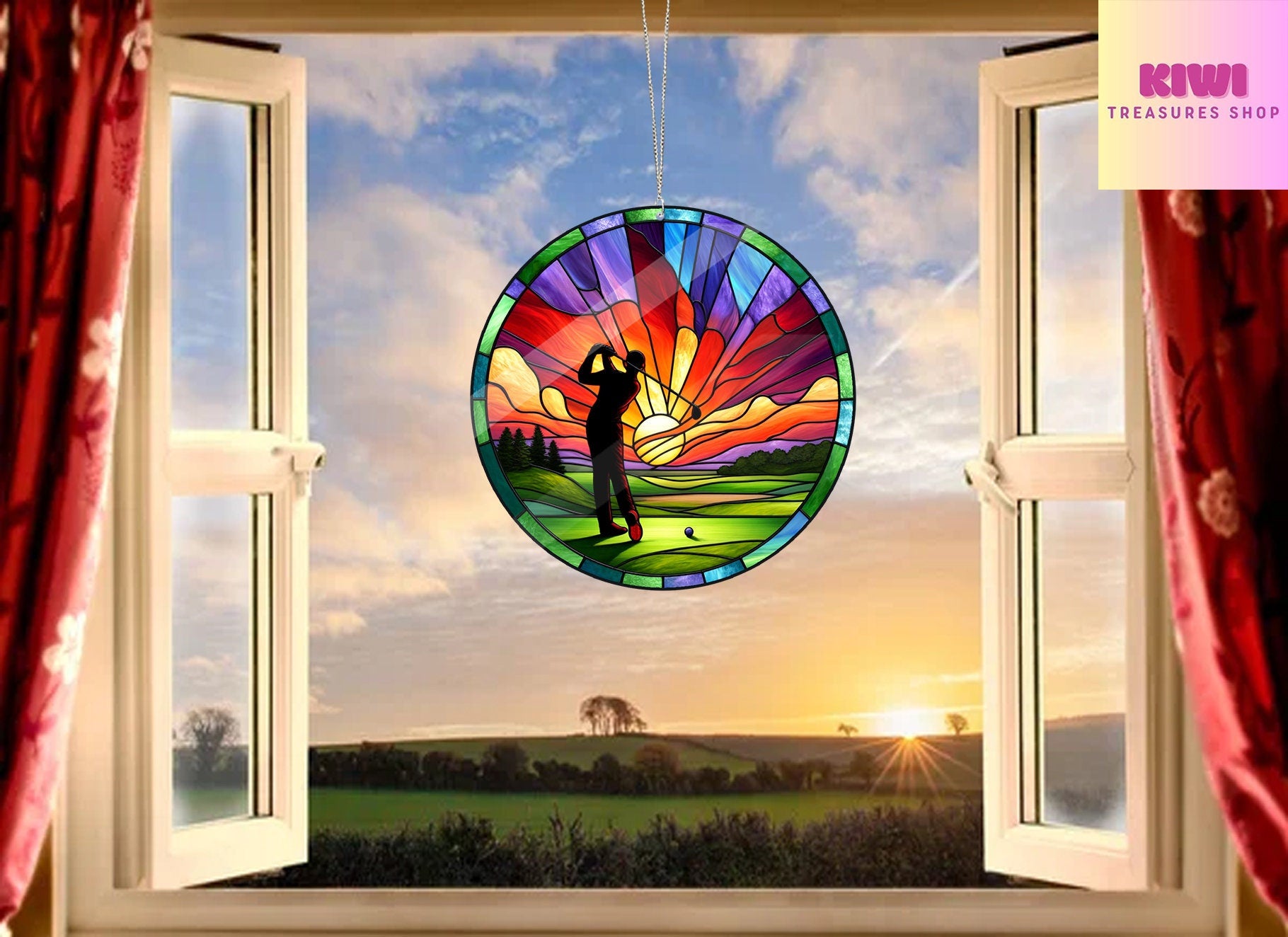 ACRYLIC Sunset Golfing Window Hanging, Golf hanging, Father's day gift, Golf lovers gift, Sunset landscape, NOT SUNCATCHER