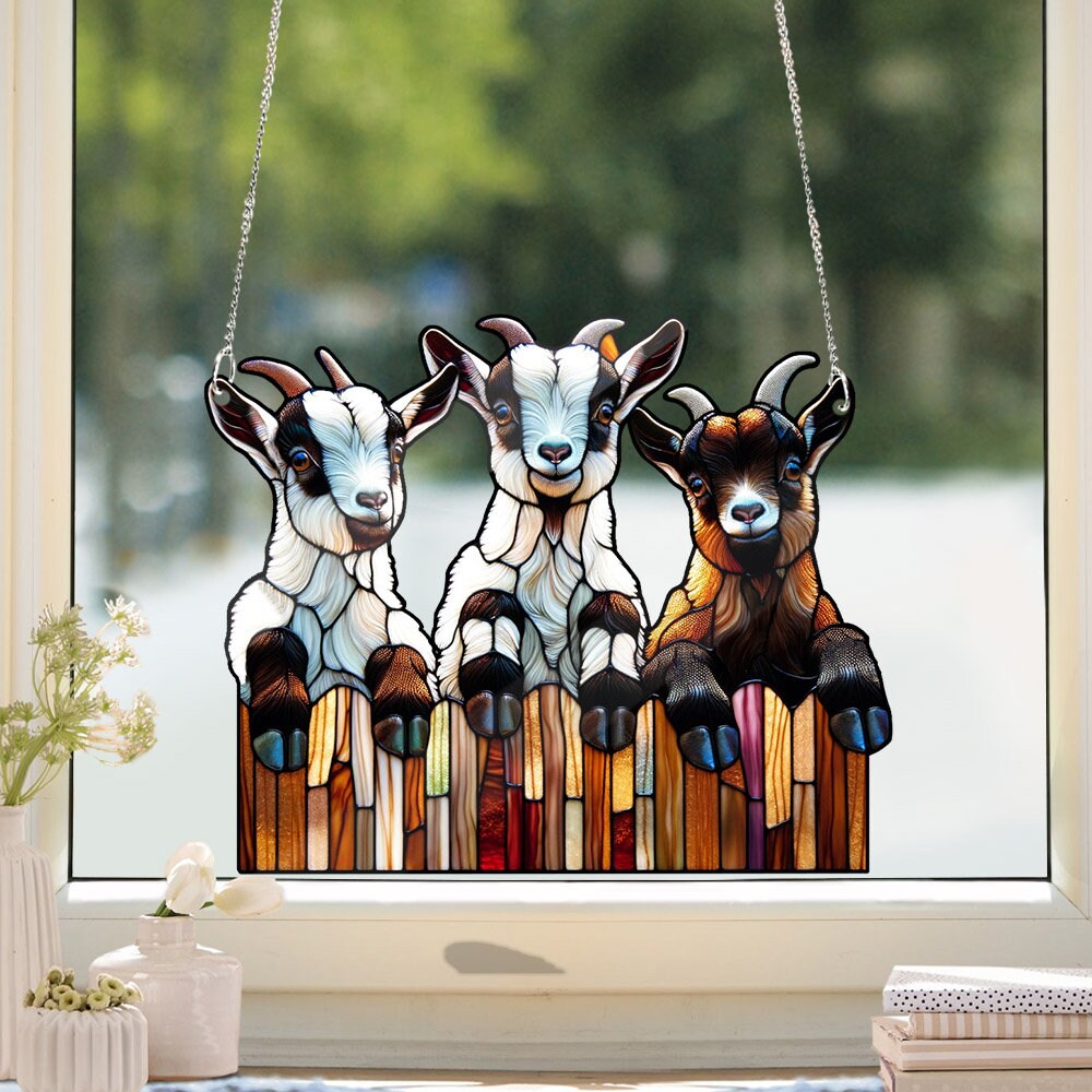 Mother's day special gift box - Cute 3 curious goats ACRYLIC window hanging, Farmhouse Hanging, Gift for farmer, Housewarming gift