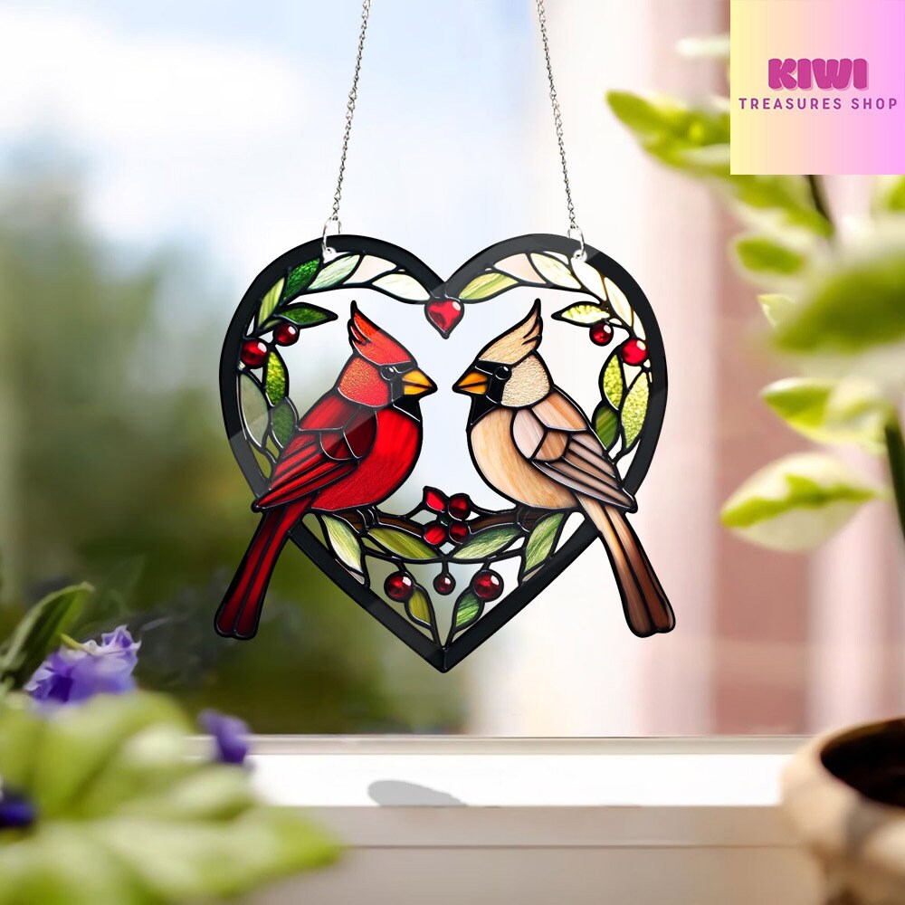 Cardinal Couple Acrylic Window Hangings, Cardinal acrylic ornament, Faux Stained Glass, Home Decor, anniversary gift, NOT glass