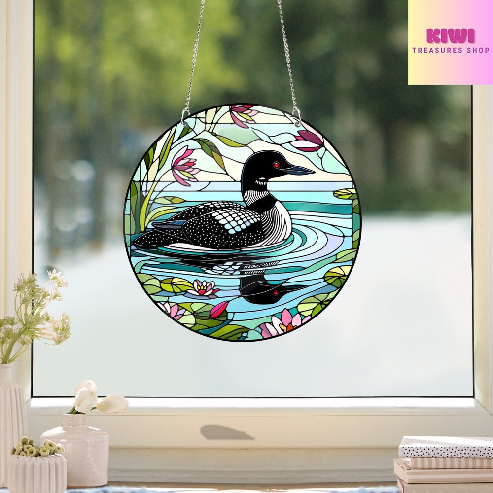 Loon Bird ACRYLIC Window Hanging, Faux Stained Glass, Wall Art, acrylic Window Hanging, Bird and flowers, Mother's day gift, Not suncatcher