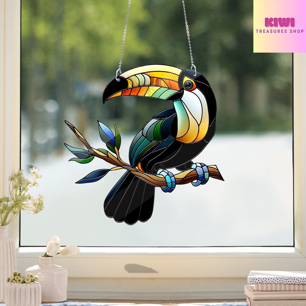 Bird Toukan FAUX Stained Glass, Acrylic Window Hanging, Wall Art, Bird lovers gift, Bird Nerds, Mothers day gift, Nature Ornament