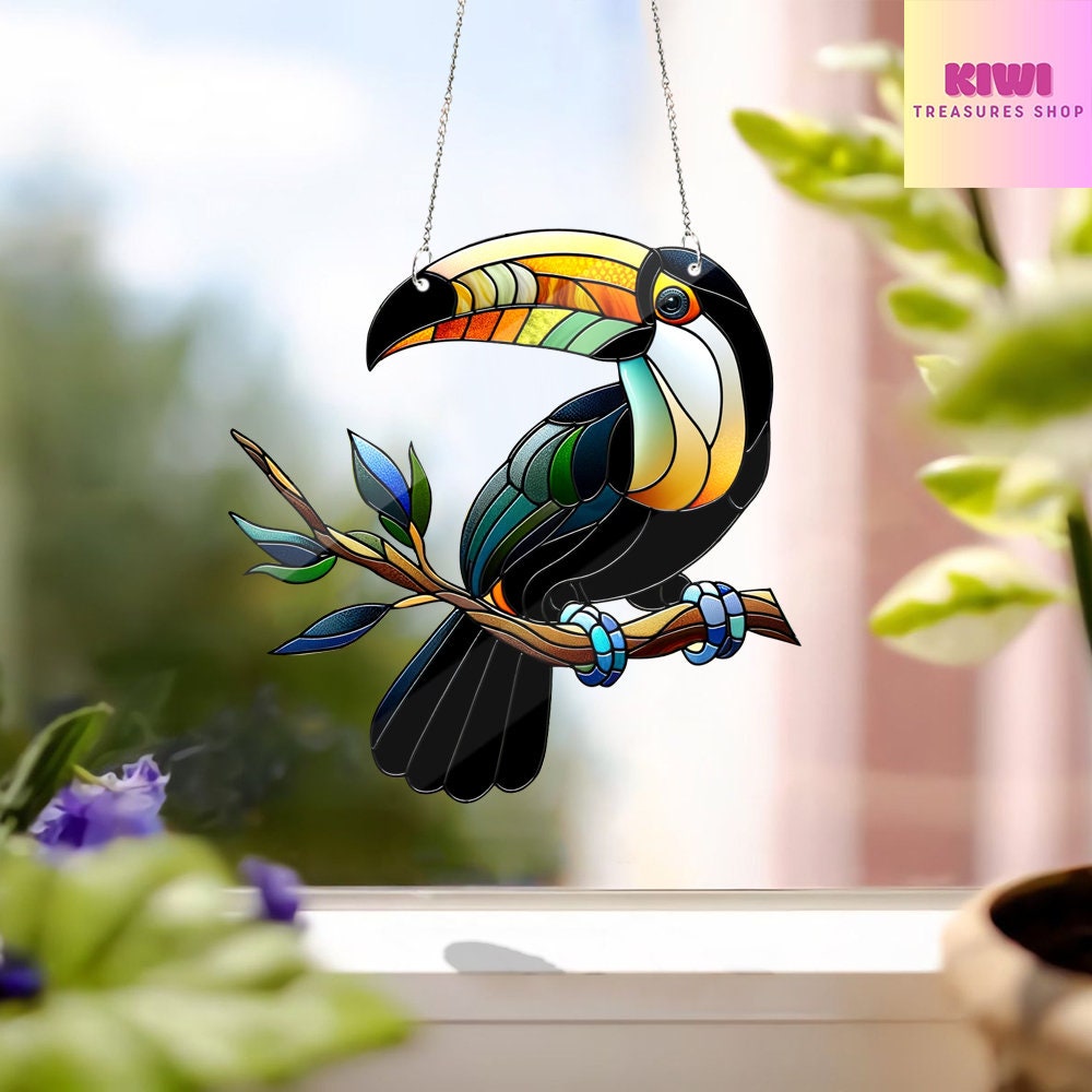 Bird Toukan FAUX Stained Glass, Acrylic Window Hanging, Wall Art, Bird lovers gift, Bird Nerds, Mothers day gift, Nature Ornament