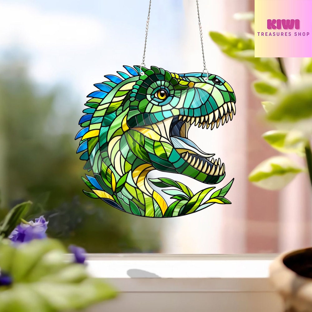 Tyrannosaurus Dinosaur Acrylic Window Hanging, T-rex lovers gift, gift for kids, Faux Stained glass, Home decor, Nature Ornament Monstera