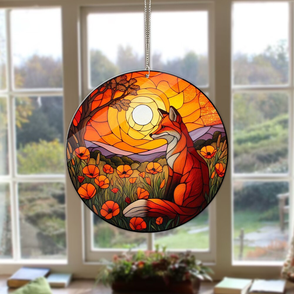 Orange Fox Among Poppy Flower Garden Window Art, FAUX Stain Glass, Fox Artistic, Foc Lover Gift, Fox Home Decor, California Poppy Flower