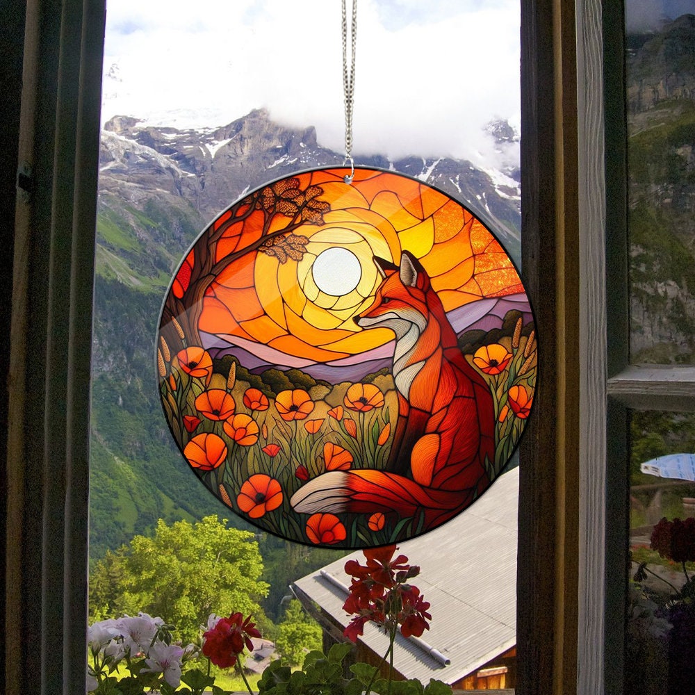 Orange Fox Among Poppy Flower Garden Window Art, FAUX Stain Glass, Fox Artistic, Foc Lover Gift, Fox Home Decor, California Poppy Flower