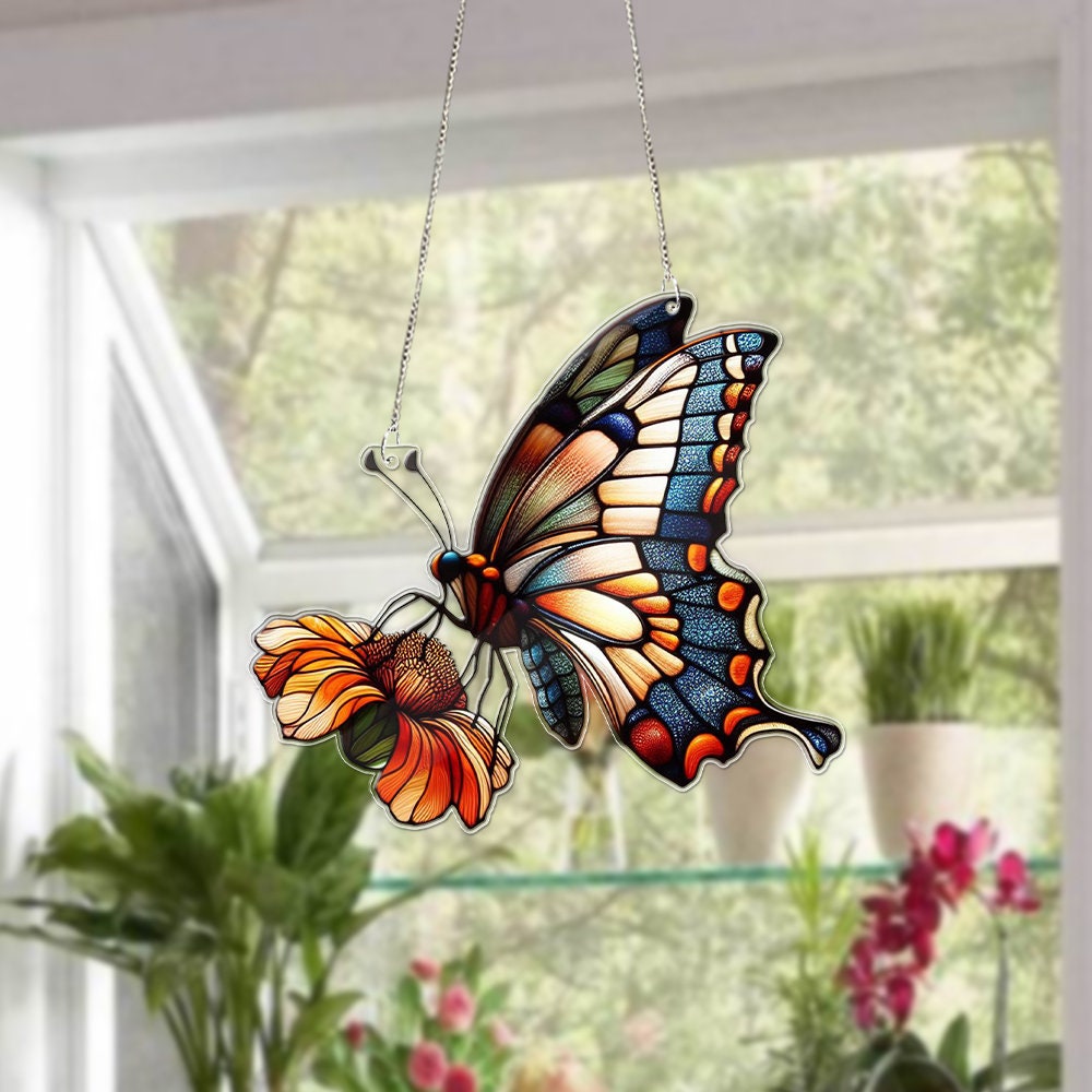 Butterfly Faux Stained Glass, Flowers Acrylic Window Hanging Art Decoration, Butterflies Acrylic, Gift for her, Not suncatcher