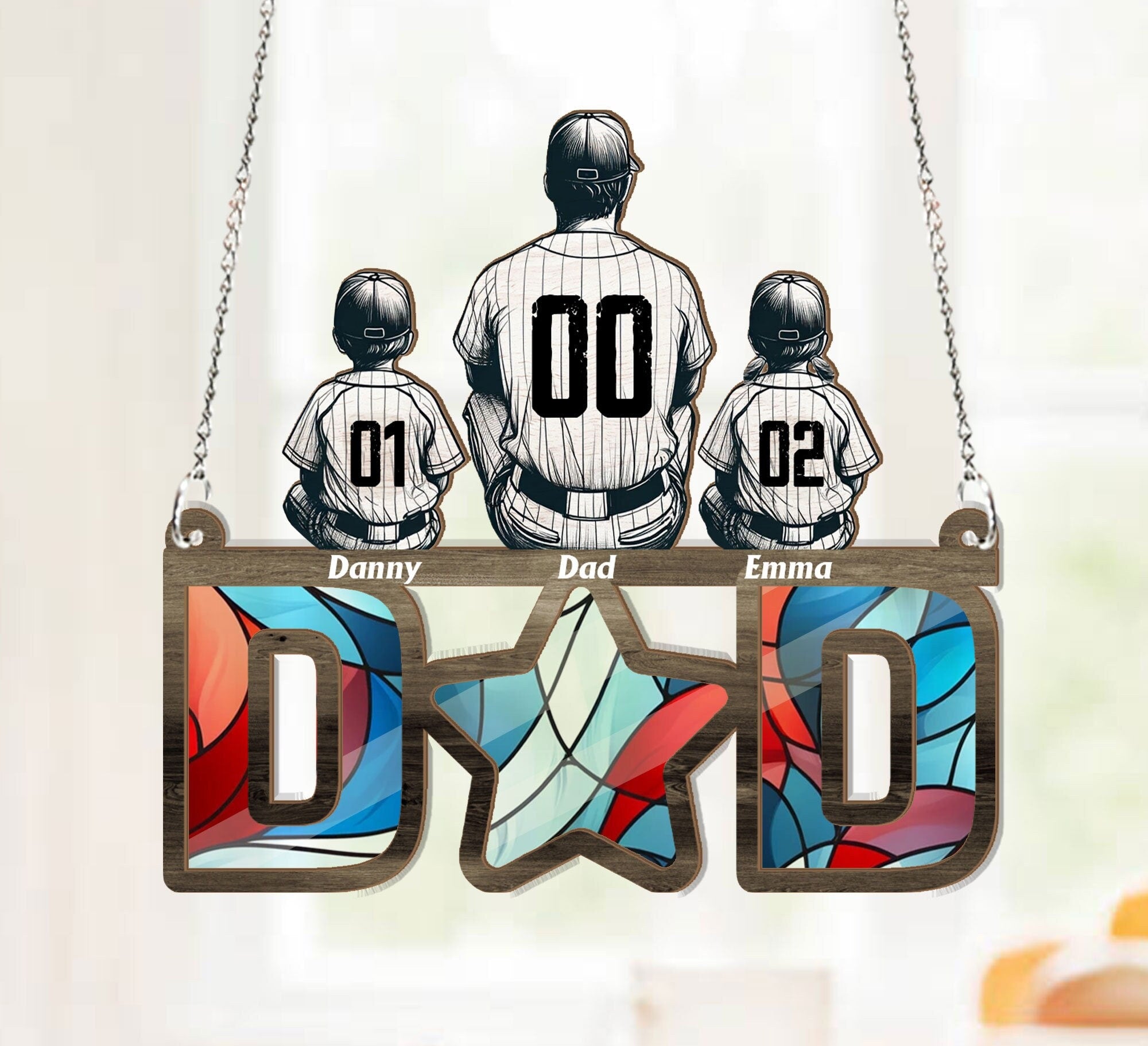 Personalized Baseball Dad Suncatcher Ornament, Father's day gift, Best Dad Ever, Baseball Family Gift, Gift For Dad, Window Hanging Decor