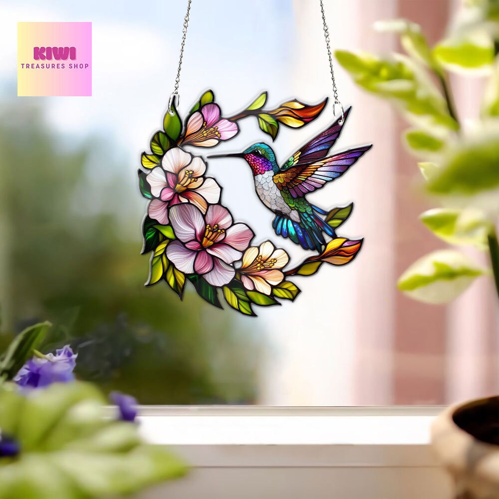 Hummingbird Among Flowers ACRYLIC window hanging, Wall Art, Acrylic Window Hanging, Mother's day gift, Humingbird lovers gift, NOT GLASS
