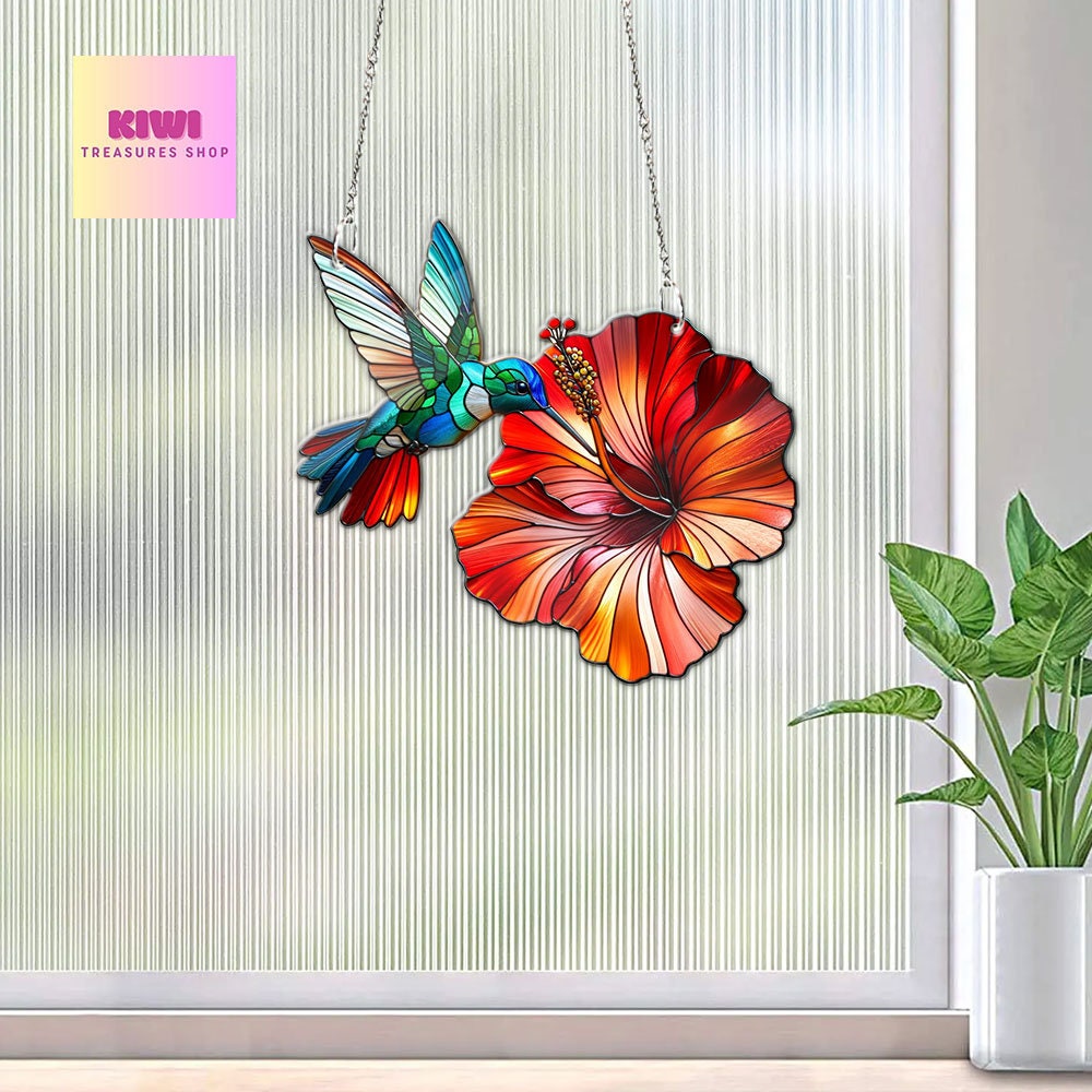 Hummingbird and Hibiscus ACRYLIC window hanging, Wall Art, Acrylic Window Hanging, Mother's day gift, Humingbird lovers gift, bird lovers
